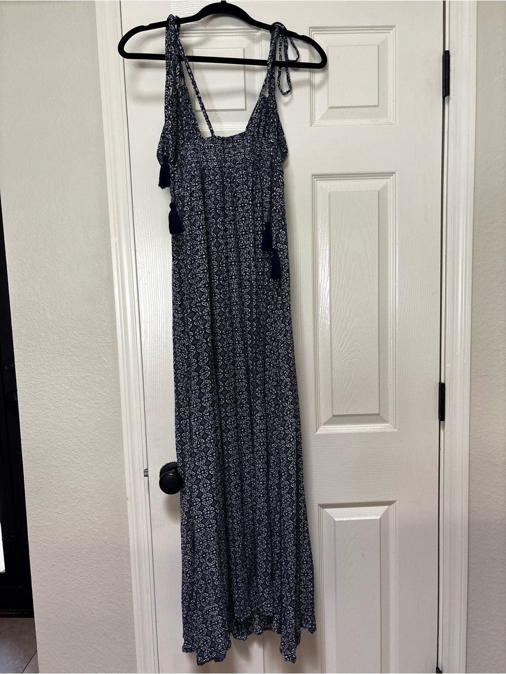 Navy blue & White Patterned Maxi Dress - Tie Strap Sundress - Picture 2 of 5